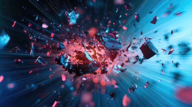 Dark material fragments breaking apart with vibrant red and blue light, scattering outwards with motion trails, symbolizing energetic chaos and technological disruption - Powered by Adobe