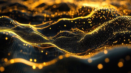 Modern abstract background showing glowing gold particles forming a dynamic wave surface, symbolizing digital data flow, network connectivity, and big data visualization concepts