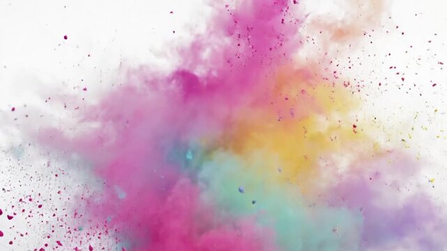 A breathtaking explosion of vibrant colored powder erupts and expands dynamically against a clean white background. Hues of brilliant pink, energetic yellow, serene blue, and soft purple collide and m