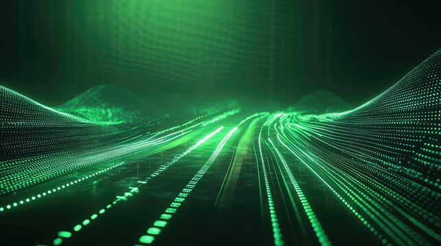 Glowing green lines creating a virtual landscape and illustrating high speed data flow and connectivity, representing the information superhighway concept in a modern, technological context - Powered by Adobe