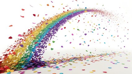 Rainbow Confetti Stream Falling on White Background