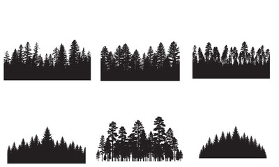 Set of six black silhouettes of dense coniferous forest tree lines © Durjoy