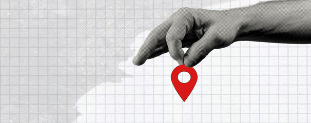 Halftone collage: a hand holding a location marker. Travel and travel search.