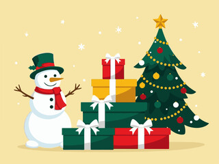 Snowman and teddy bear in a cup with holiday treats on blue background