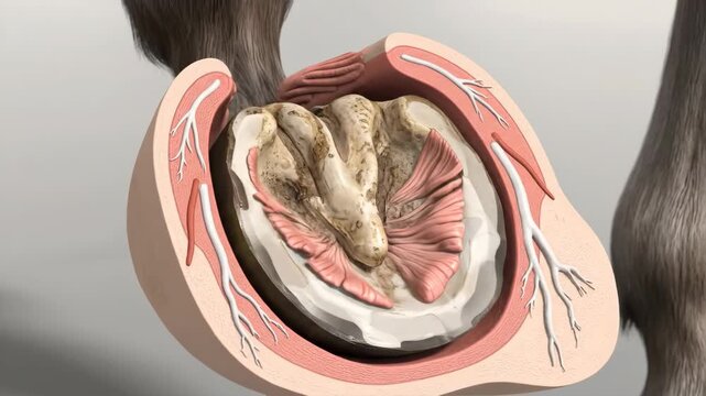Animated cross-section view of horse hoof anatomy and inner structures, revealing the circulatory