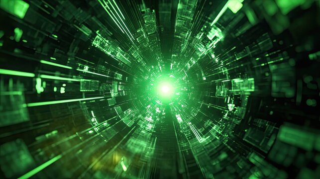 Glowing green digital tunnel suggesting high speed data flow and network connections, futuristic cyberspace immersion, technology, virtual reality and information transmission