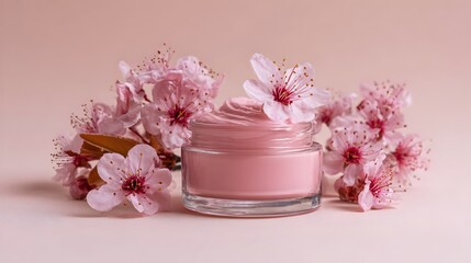 Top view of transparent jar with pink face cream and flowers on a clean background. Concept: Skincare advertising, beauty product, natural cosmetics, self-care, freshness, luxury minimalism, testimoni