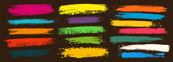 olorful brush strokes. Brushstroke marks set, bright color paint spray borders vintage grunge stripes for graffiti wall crayons mark marker retro chalk texture vector illustration