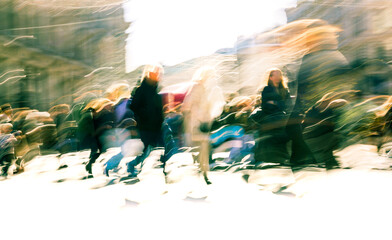 Postmodernism style, artistic motion of people with shopping bags crossing Oxford Circus junction at sunny day. London