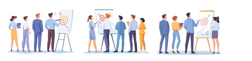 Obraz premium Team whiteboard presentation. Office worker presentate work project, business training meeting coworker leader make marketing company development growth plan vector illustration