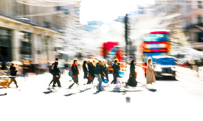 Postmodernism style, artistic motion of people crossing Oxford Circus junction at sunny day. British double decker buses at the background. London