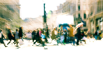 Postmodernism style, artistic motion of people with shopping bags crossing Oxford Circus junction at sunny day. London