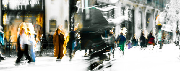 Postmodernism style, artistic motion of people with shopping bags crossing Oxford Circus junction at sunny day. London