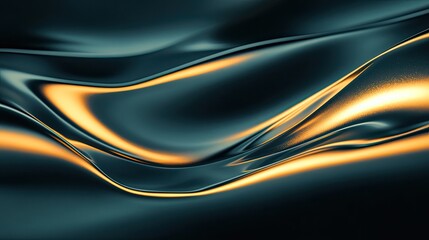 Dark, flowing fabric material creating elegant abstract waves and dynamic curves, with golden metallic reflections shimmering across the smooth, luxurious surface and dramatic lighting