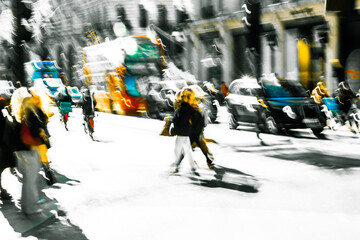 Postmodernism style, artistic motion of people with shopping bags crossing Oxford Circus junction at sunny day. London