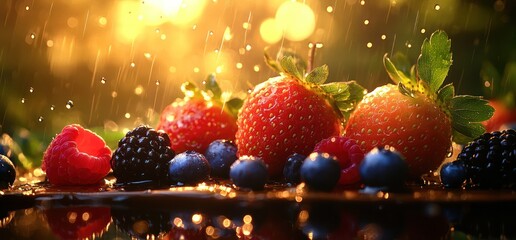 Fresh Berries on a Dark Surface with Bokeh Lights Background.