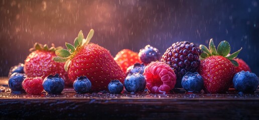 Fresh Berries on Wooden Surface - A Vibrant Still Life.