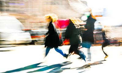 Postmodernism style, artistic motion of people crossing Oxford Circus junction at sunny day. British double decker buses at the background. London