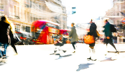 Postmodernism style, artistic motion of people crossing Oxford Circus junction at sunny day. British double decker buses at the background. London