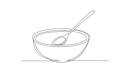 A simple, continuous line drawing of a bowl of soup with a spoon resting inside it.