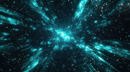 Tunnel of glowing teal stars and light trails suggesting hyperspace travel, high speed data flow, and futuristic digital energy bursting through a cosmic, tech inspired void