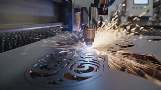 Precision laser cutting machine etches intricate floral patterns into a sheet of metal, creating sparks and detail
