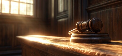 Gavel on wooden table in courtroom with sunlight.