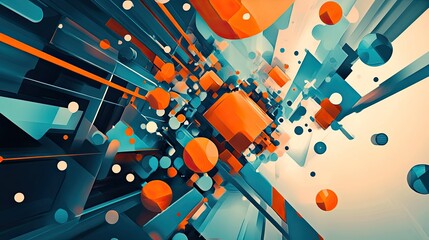 Abstract geometric shapes and elements creating a dynamic and modern composition with multiple layers and depth, emphasizing connectivity and technology with a vibrant color palette