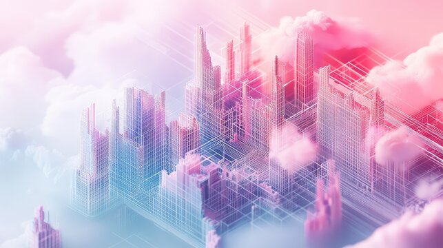 Futuristic wireframe cityscape of glowing pastel skyscrapers and cloud wreathed infrastructure, visualizing an abstract data network, communication grid, and virtual metaverse - Powered by Adobe