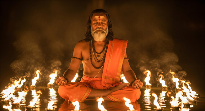 Hindu Sadhu Meditating Surrounded by Fire