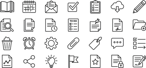 Office productivity line icons set, document management task organization symbols, workflow planning tools, minimal outline style, cad drawing flat vector illustration