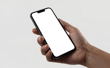 Male hand holding black smartphone mockup with blank white screen, isolated mobile phone display, app interface presentation, digital device, technology communication, ui design template, copy space.
