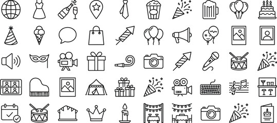 party, celebration, event, festival, birthday, wedding, entertainment, music, decoration, fun, holiday, joy, gift, balloon, cake, confetti, carnival, invitation, icons, vector