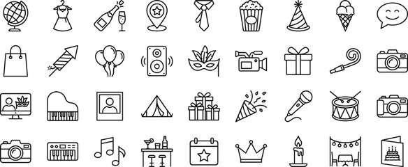 party, celebration, event, festival, entertainment, music, birthday, wedding, fun, decoration, gift, balloon, cake, holiday, joy, nightlife, carnival, gathering, icons, vector
