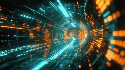 Abstract glowing tunnel featuring vibrant orange and blue digital data streams, representing fast network connections, technological advancement, and futuristic concepts in cyberspace