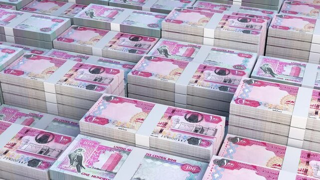 United Arab Emirates 100 Dirham Banknote Horizontal 3D Animation ? Financial Money Flow, Business and Banking Economy, Currency Exchange and Investment Concept
