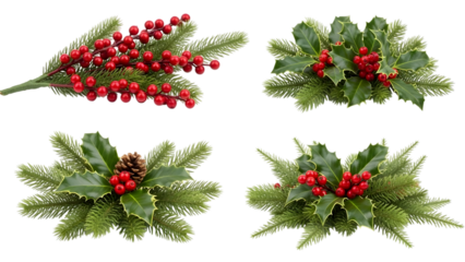 Four arrangements of holly leaves and red berries isolated on a transparent background greenery festive