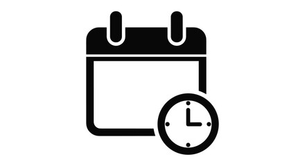 Black silhouette icon of a calendar with a clock, symbolizing schedules, appointments, deadlines, and time management concepts.
