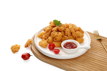 Crispy Fried Chicken Nuggets with Ketchup Sauce on Wooden Platter