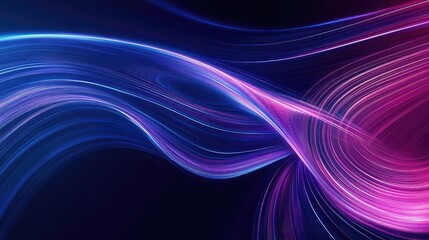 Abstract glowing movement of vibrant blue and purple neon light lines flowing in wave patterns, creating a futuristic technology background representing data, speed, and energy