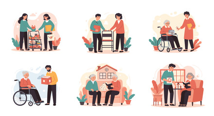 Set of six illustrations showing volunteers and caregivers helping elderly people with daily activities and providing support.