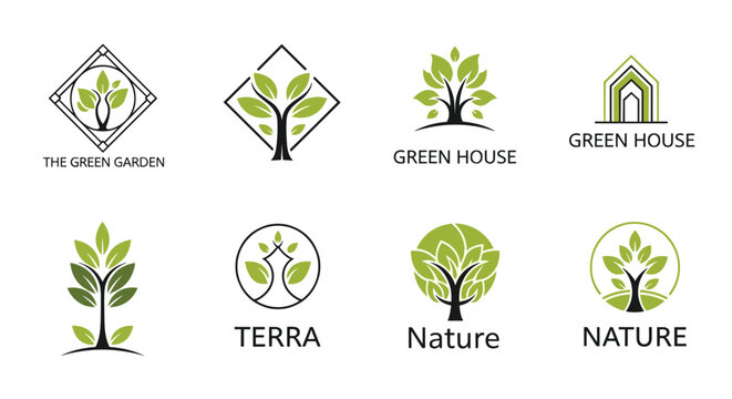 Collection of eight green tree and leaf logo templates for nature, gardening, and eco-friendly business branding concepts.