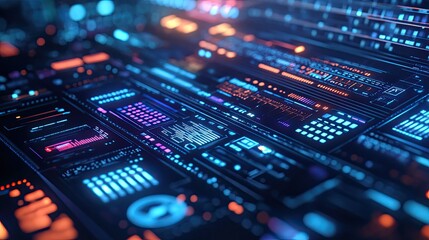 Digital information stream creating an abstract visualization of circuit board components, representing technology, networking, and interconnected data flow in a futuristic environment