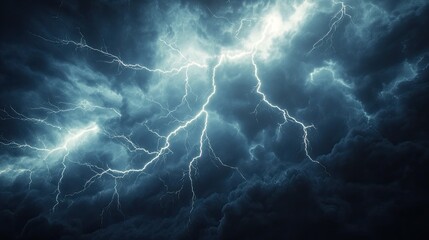 Multiple powerful lightning bolts electrifying and striking through dark, ominous thunderclouds, creating a dramatic and intense weather phenomenon across the night sky, symbolizing power and danger