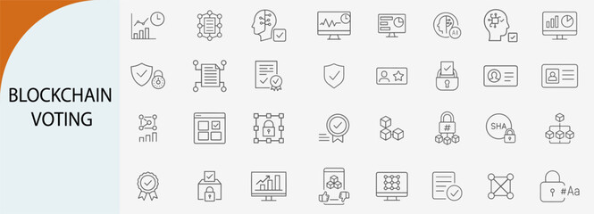 blockchain voting digital election minimal line vector icon set