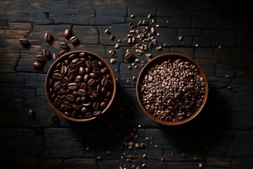 Rustic Coffee Beans and Cocoa Nibs Flat Lay (Dark Wood)