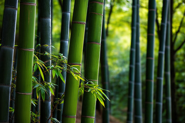 Fototapeta premium A vibrant display of tall green bamboo stalks reaching towards the sky, creating a natural sanctuary that inspires peace, growth, and the essence of nature's elegance.