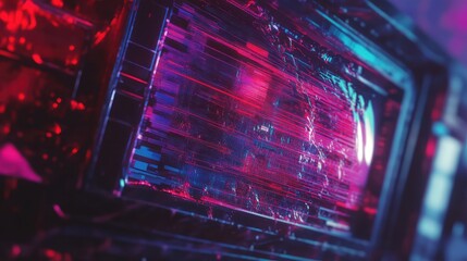 Abstract technology background showing a complex digital interface with glitched data processing, dynamic light effects, and a futuristic circuit board aesthetic, creating a vibrant network concept