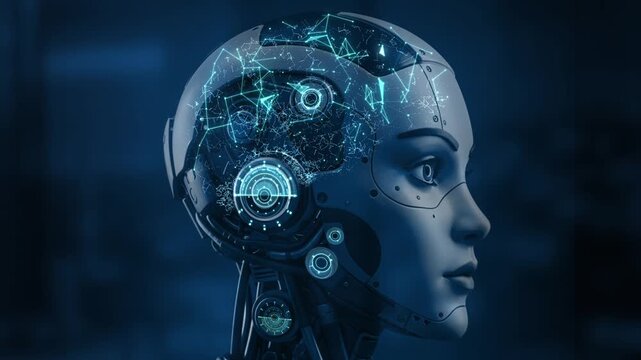 Animation of the head of a humanoid robot with a glowing neural matrix of artificial intelligence. The fusion of artificial intelligence, machine learning, and next-generation technologies. 4k footage