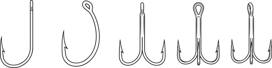Outline Vector Set of Different Angling Hook Types, Including Single J-Hooks and Treble Hooks, for Fishing Gear Design